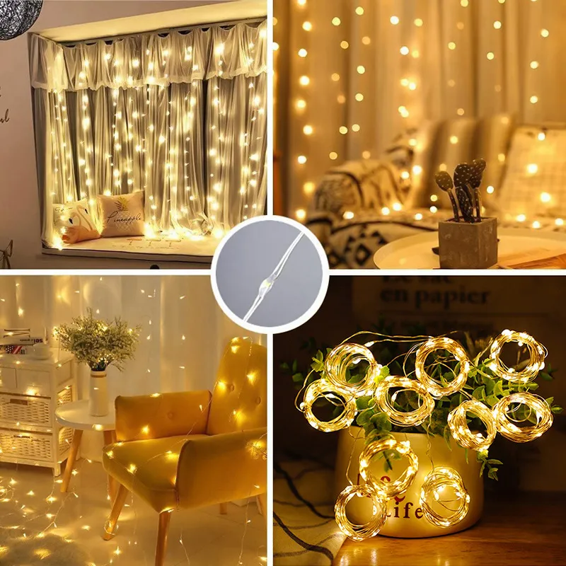 Cortina de luces LED para decoración navideña, guirnalda con Control remoto por USB, luces de hadas para dormitorio y hogar.