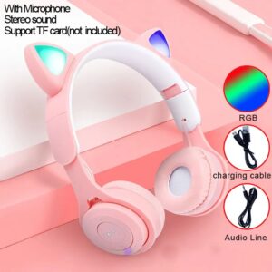 Fantasticos Auriculares inalámbricos con orejas de gato para niño y niña, audífonos con luz Flash, Micrófono, Control LED, estéreo, música, teléfono, Bluetooth, regalo